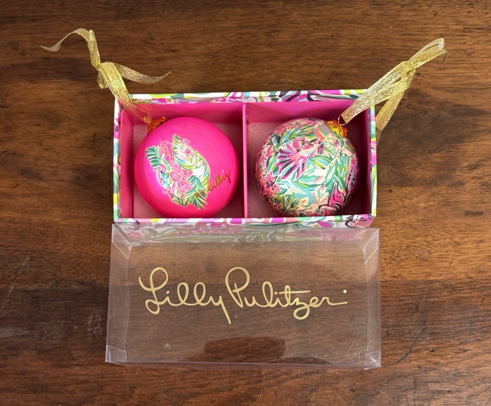 Lilly Pulitzer Holiday Ornament Set 2 Glass Ball Ornaments Boxed 3.25"